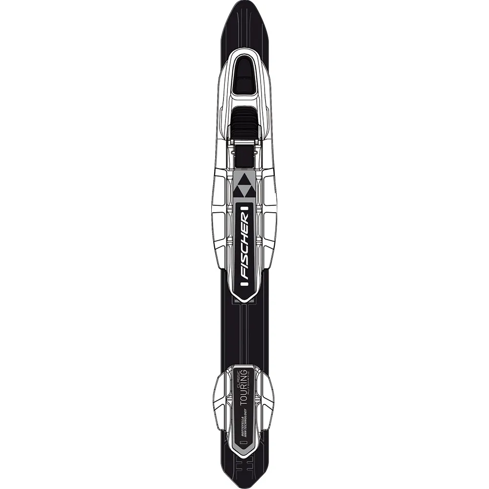 Top view of the Fischer Touring Classic binding in white and black on a mounting plate.
