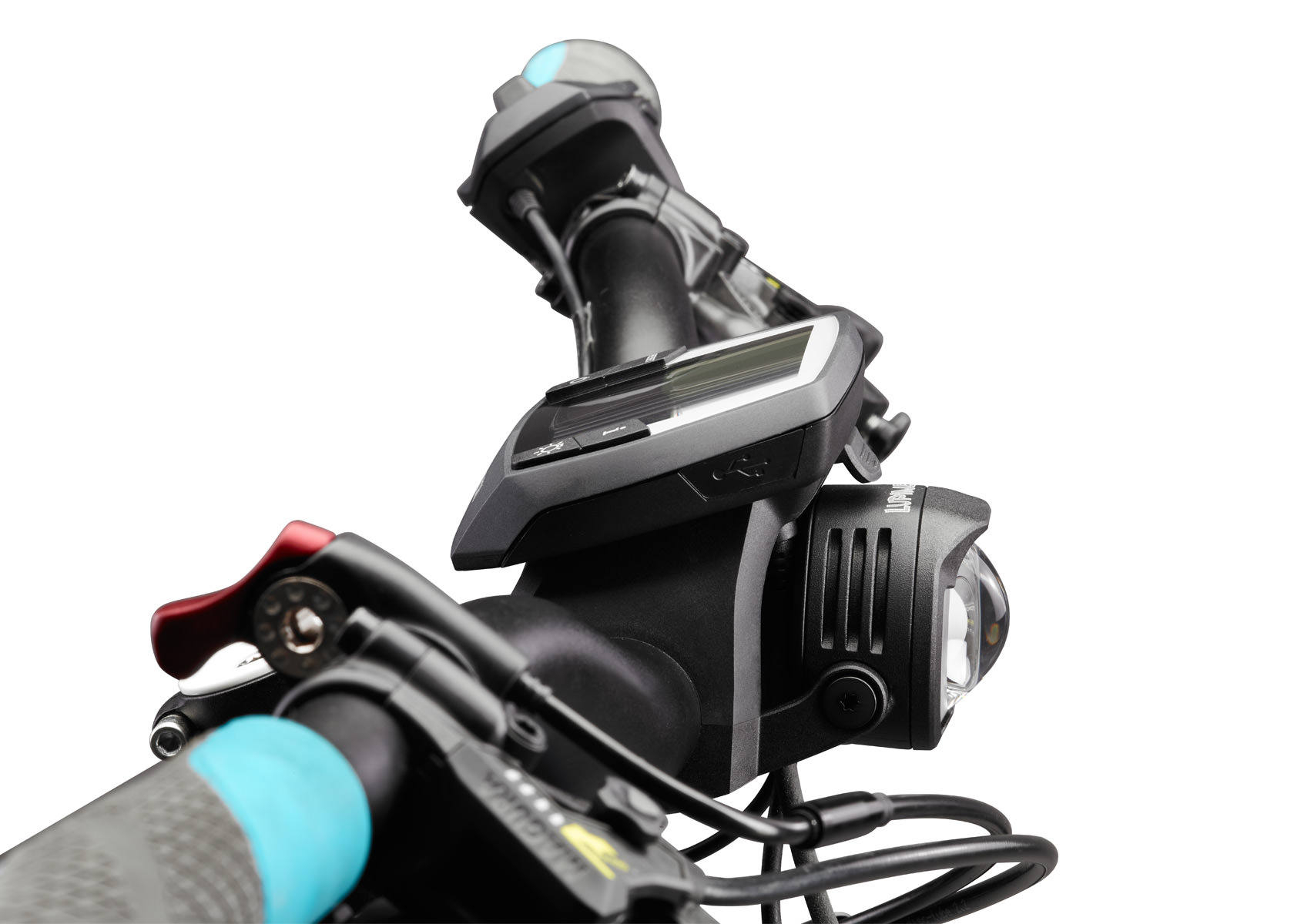 Nahaufnahme einer Lupine E-Bike Beleuchtung SL B Bosch mit Halterung am Lenker.