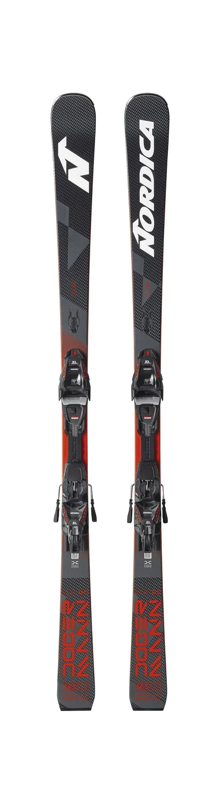 Two Nordica Ski with bindings stand upright next to each other against a white background. The ski is dark gray with red accents.