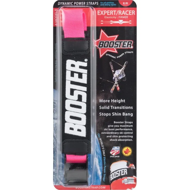 Verpackung eines Booster Strap Medium in Neon Pink mit dem Schriftzug "Booster" und einer Skifahrer-Illustration.