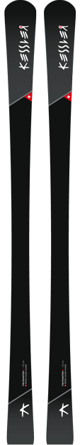 Zwei schwarze Kessler Phantom S Ski mit Schweizer Kreuz oben und Logo unten.