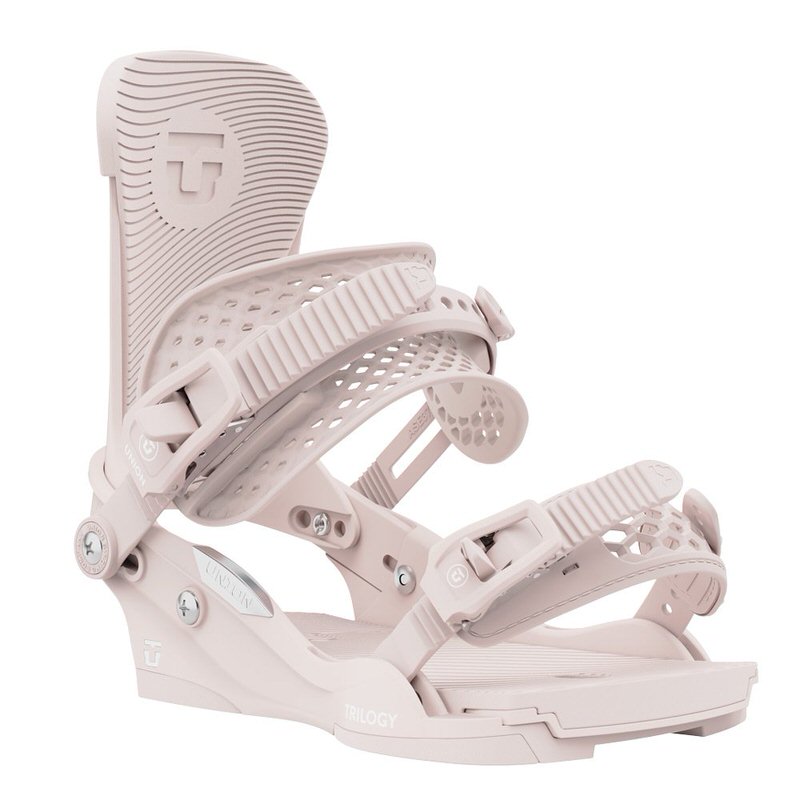 Soft Pink Union Trilogy snowboard binding, angled view, showing details of baseplate, highback and straps.