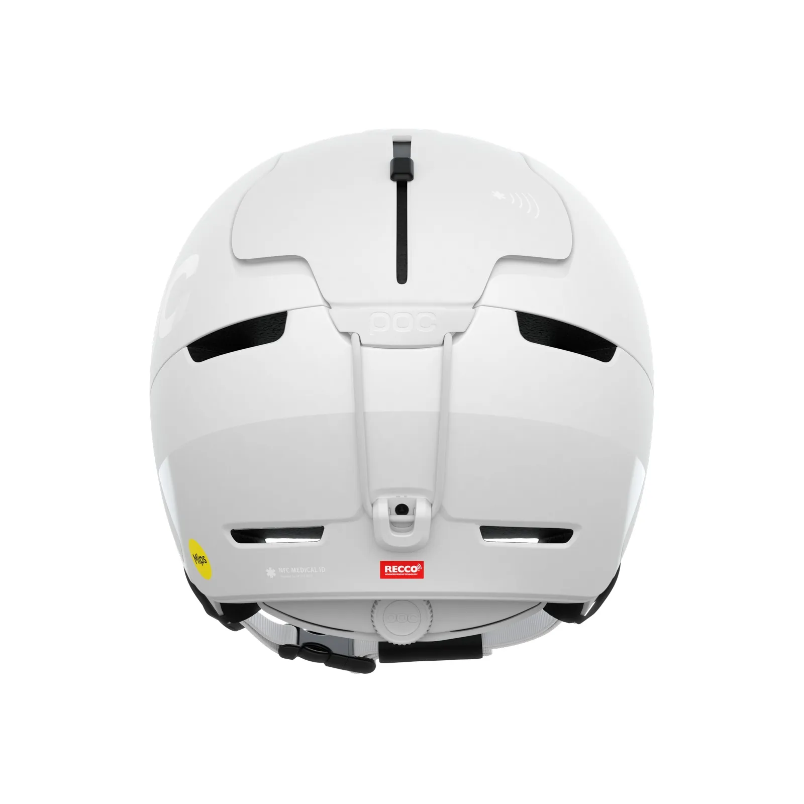 Vue arrière du casque POC Obex BC MIPS blanc avec fentes d'aération, logo MIPS et réflecteur RECCO.