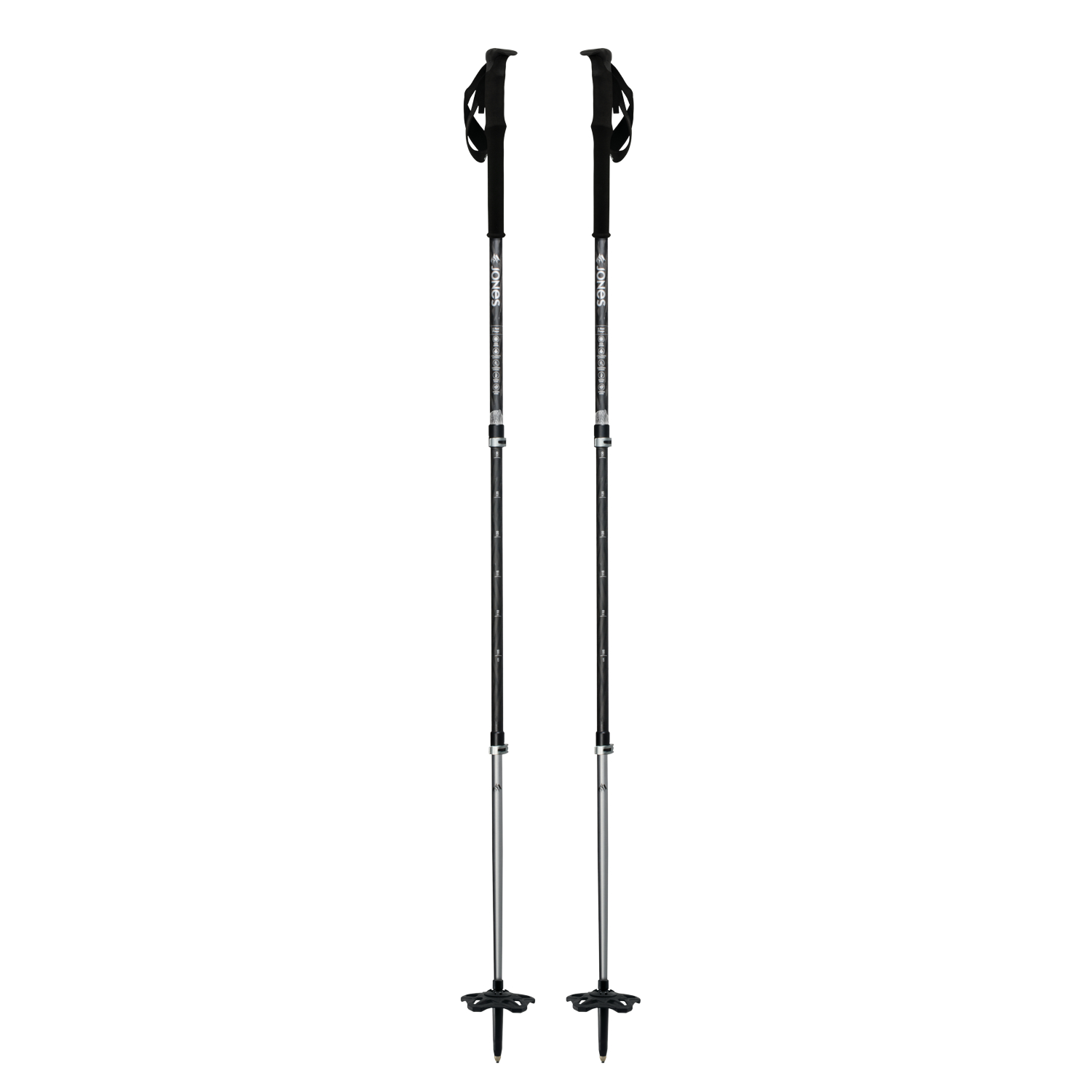 Zwei schwarze Jones Talon Pro Flip-Lock Skistöcke, teleskopisch mit Griff, Schlaufe und Teller, freigestellt.