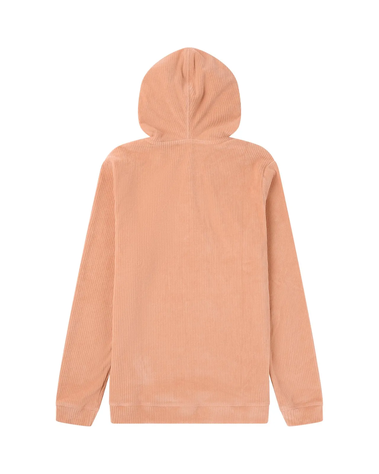 Una giacca con cappuccio in velluto a coste rosa, fotografata da dietro, con cappuccio e maniche lunghe, isolata sul bianco.