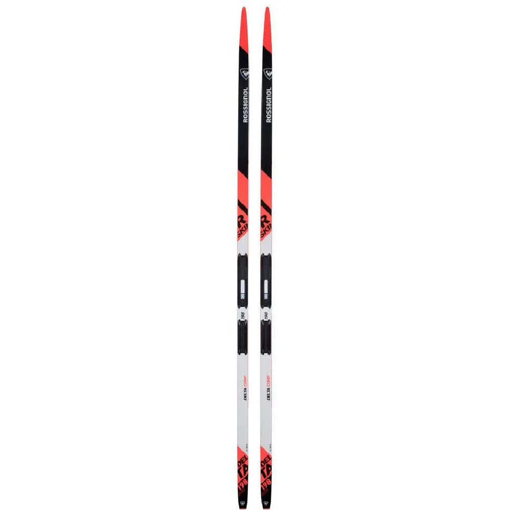 Two Rossignol Ski Delta Comp R-Skin cross-country skis with red tip, side by side on a white background.