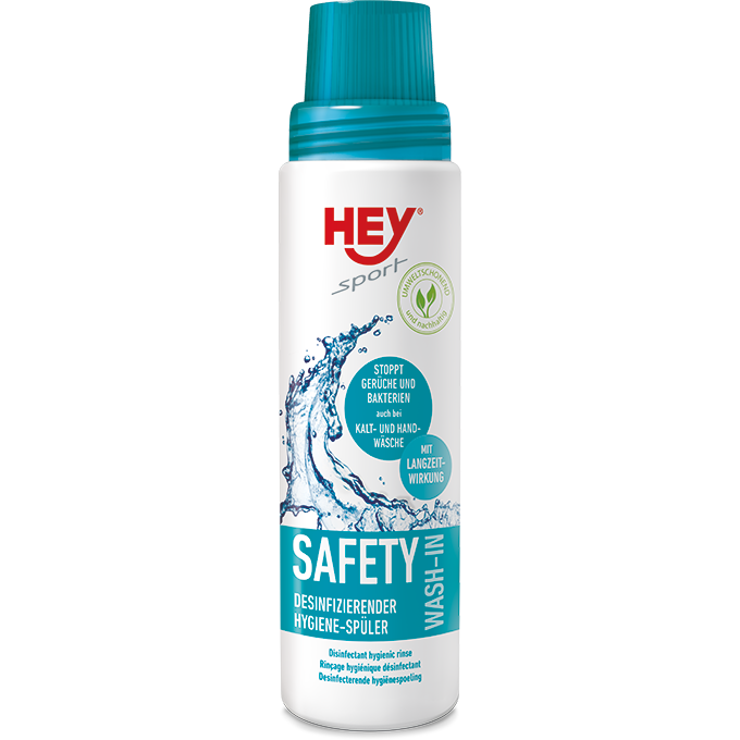 Flasche Safety Wash-In für Sportkleidung, weiße Flasche mit blauem Deckel und Aufschrift.