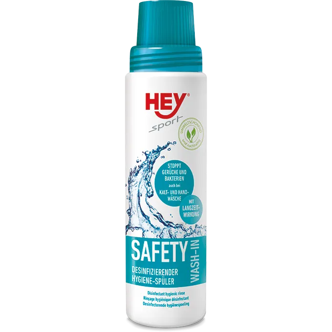 Flasche Safety Wash-In für Sportkleidung, weiße Flasche mit blauem Deckel und Aufschrift.