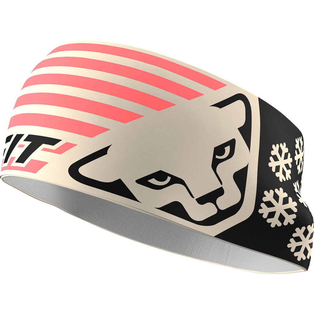 Stirnband "Overcast Flag" mit Streifen-, Schneeflocken- und Katzenkopf-Motiv in Beige, Schwarz und Rot.