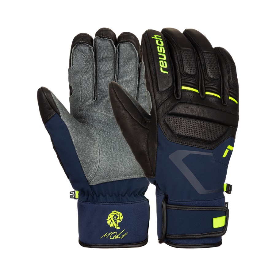 Zwei Reusch Marco Odermatt WC Handschuhe, einer mit Handfläche nach oben, Leder, Softshell, fluo-lime Details.