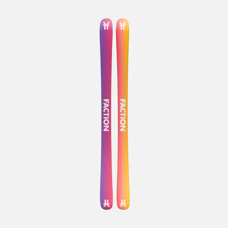 Two skis stand next to each other, one in a purple-pink gradient, the other in a yellow-orange gradient. The word "FACTION" is written on both.