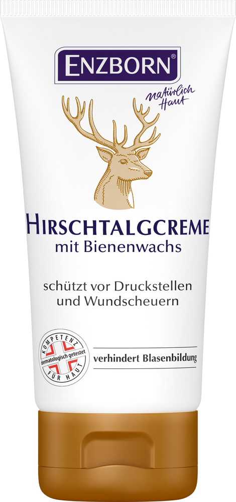 Tube Hirschtalg Creme mit Hirschkopf-Illustration und Text, die vor Druckstellen und Blasenbildung schützt.