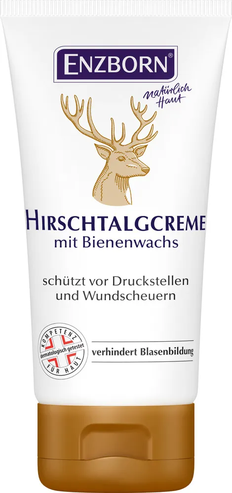 Tube Hirschtalg Creme mit Hirschkopf-Illustration und Text, die vor Druckstellen und Blasenbildung schützt.
