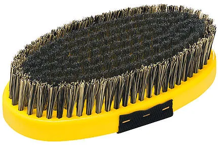 Oval steel brush with yellow handle and hand strap. The bristles are densely packed.