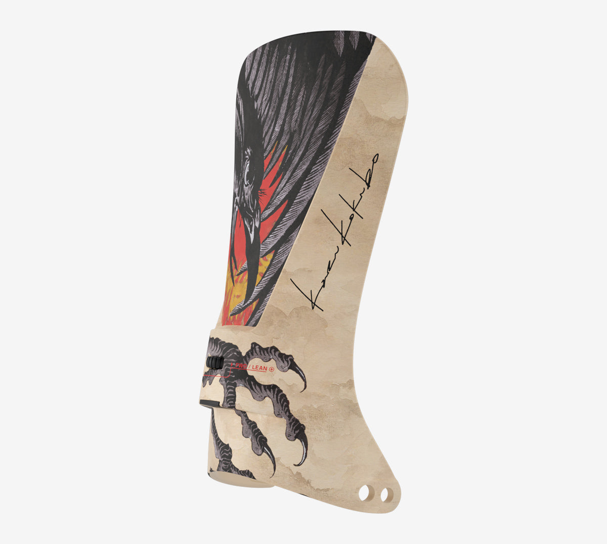 Gros plan sur une fixation de snowboard Union Atlas Pro Kazu Kokubo avec un motif d'aigle et de griffes.