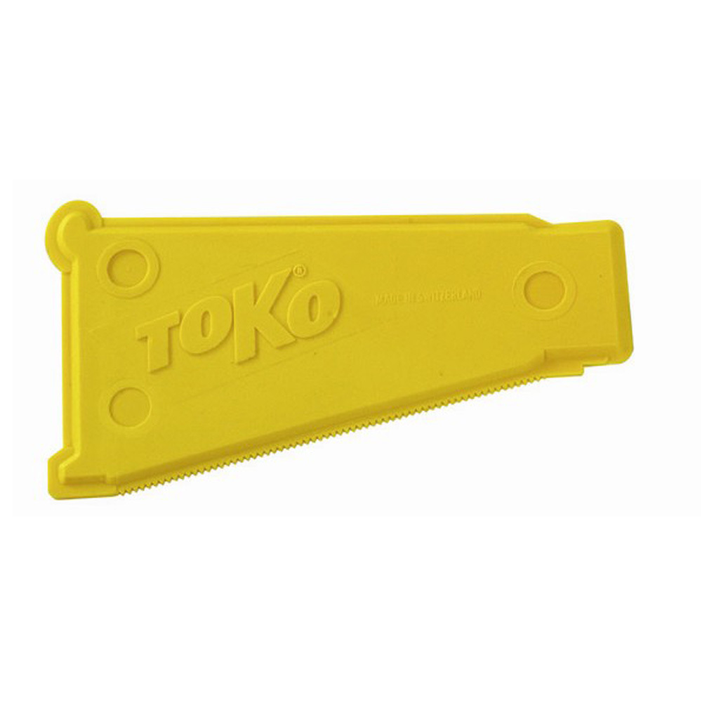 Gelber Toko Multi Purpose Schaber mit gezackter Kante und runden Aussparungen.