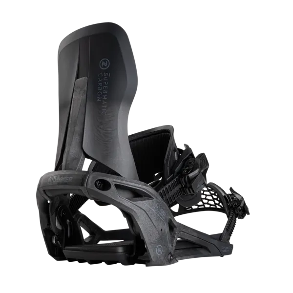 Dark gray Nidecker Supermatic Carbon snowboard binding with open highback. Details show the structure and the logo.