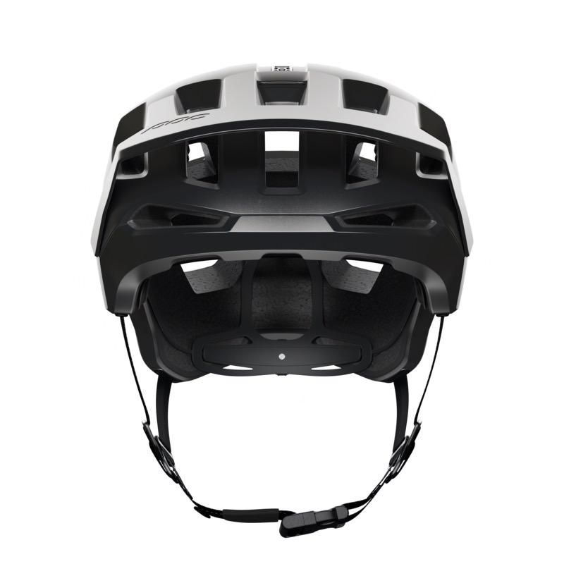 Schwarzer/weißer POC Kortal Helm von hinten, mit Belüftungslöchern und verstellbarem Riemen.