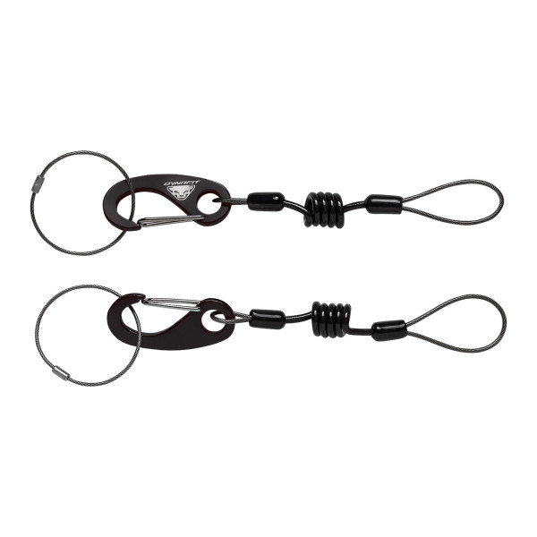 Zwei Dynafit Guide Leashes: Fangriemen mit Drahtschlaufe, Karabiner, Spirale und Öse.