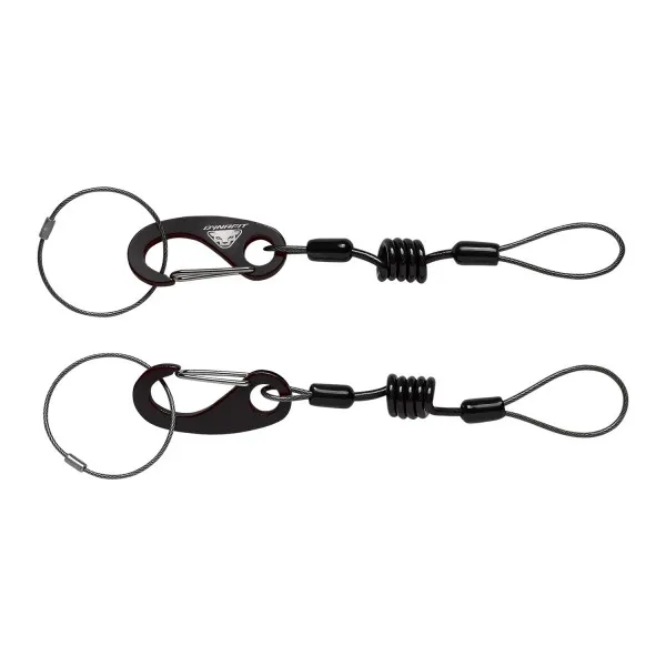 Deux Dynafit Guide Leashes : Sangle d'arrêt avec boucle en fil métallique, mousqueton, spirale et œillet.