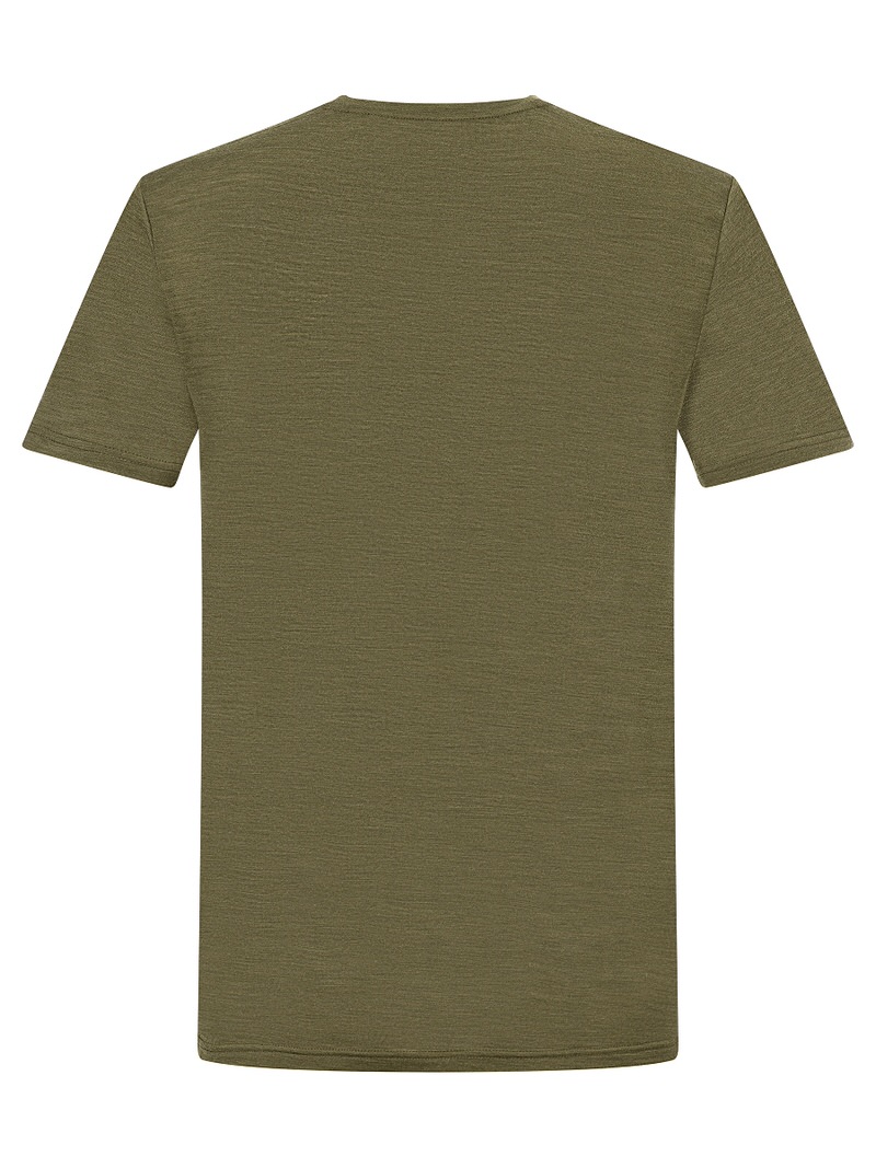 Olivfarbenes Herren T-Shirt, Hiking Shirt, Rückansicht, Merinomix-Material, kurze Ärmel.