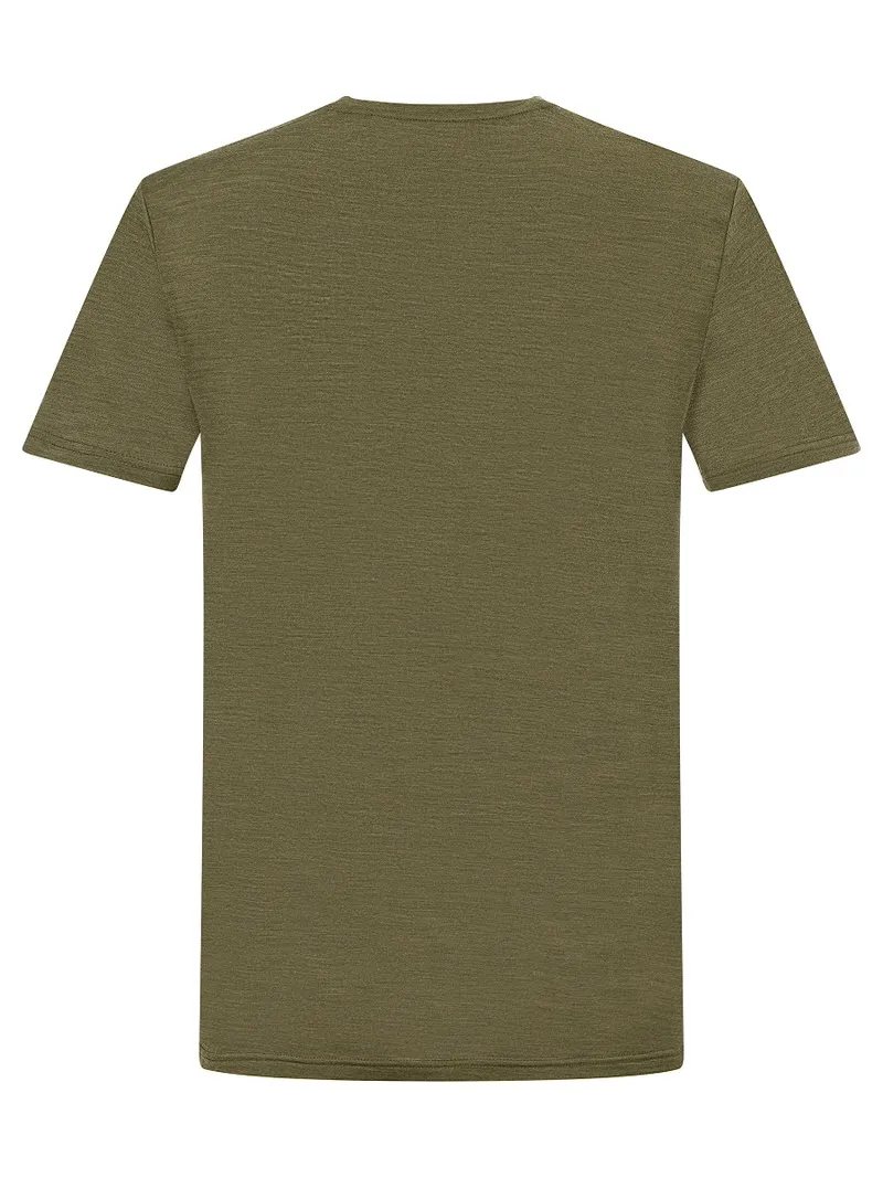 Olivfarbenes Herren T-Shirt, Hiking Shirt, Rückansicht, Merinomix-Material, kurze Ärmel.