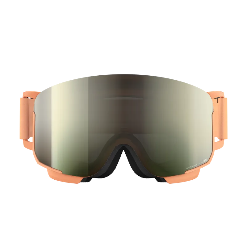 Skibrille in Pfirsichfarbe mit verspiegelten Gläsern, frontal aufgenommen vor weißem Hintergrund.