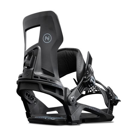 Detailed view of the black Nidecker Muon-X snowboard binding. Focus on highback, baseplate and straps.