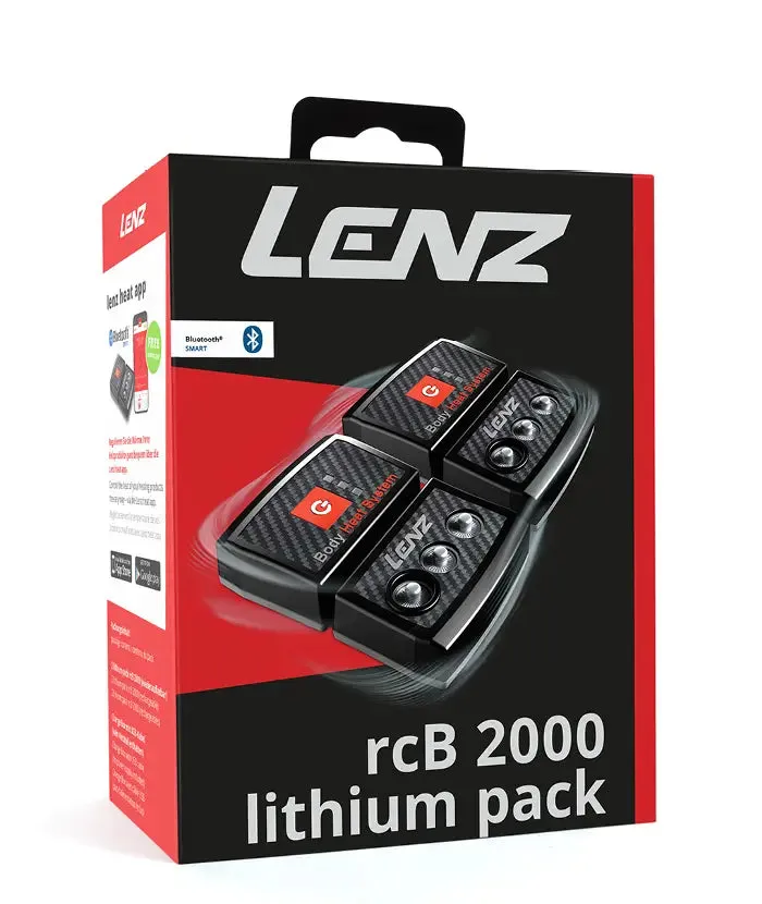 Packaging of the Lenz Lithium Packs rcB 2000 with two batteries shown. Bluetooth logo visible.