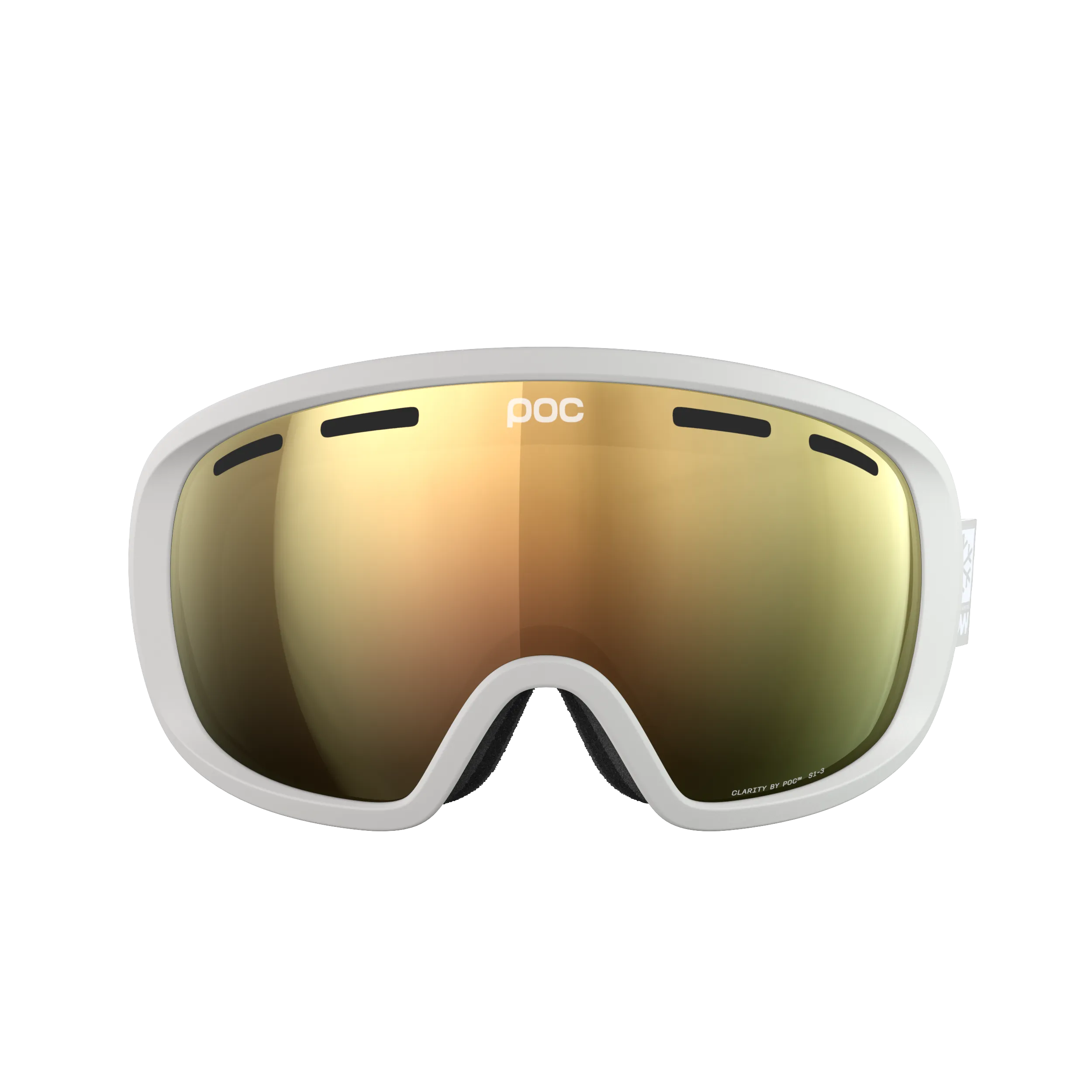 Vista frontale delle maschere da sci POC Fovea POW JJ in Mineral Grey con lenti Sunny Gold Orange.