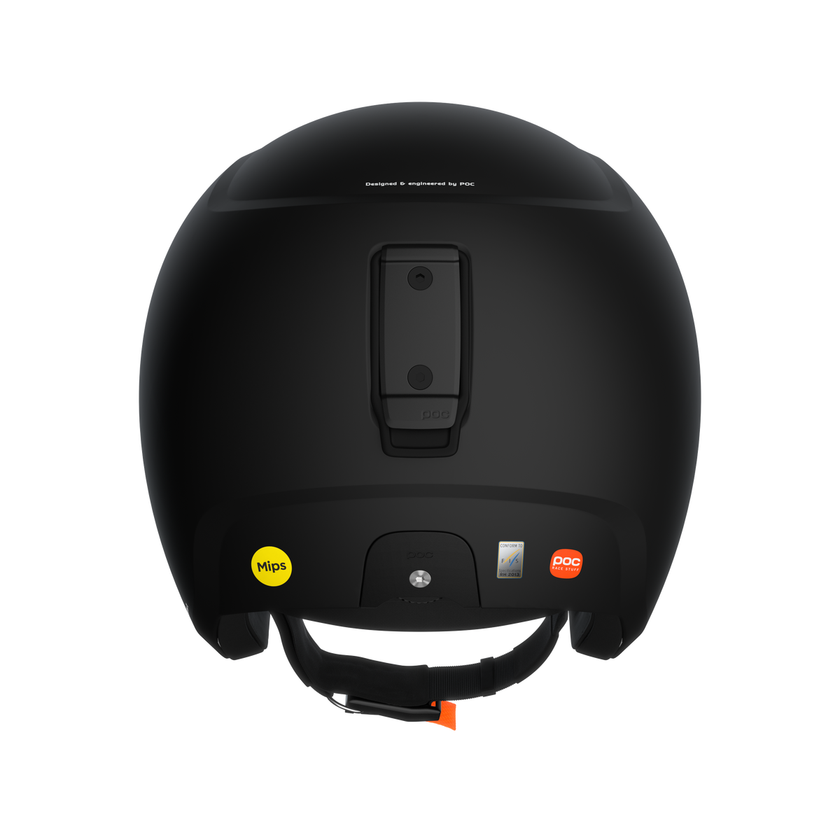 Schwarzer Skull Dura X Spin Skihelm von hinten, mit Mips Aufkleber, Race Lock System und verstellbarem Kinnriemen.