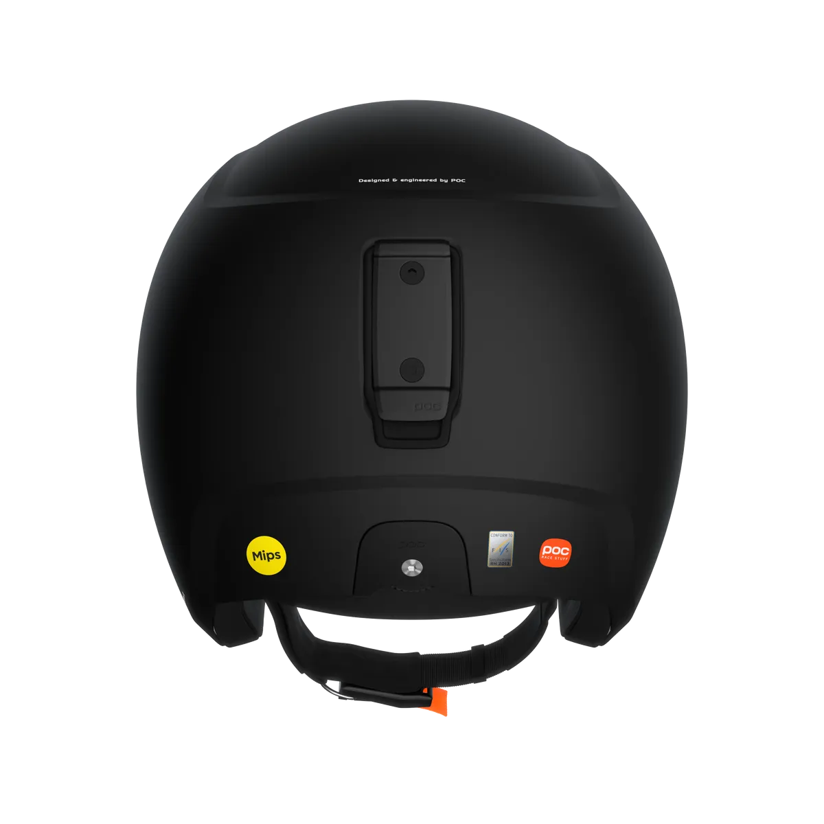Casque de ski noir Skull Dura X Spin vu de l'arrière, avec autocollant Mips, Race Lock System et jugulaire réglable.