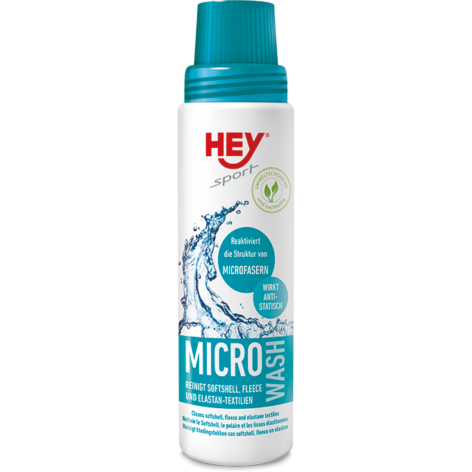 Weiße Flasche Micro Wash für Textilien aus Microfaser und Fleece mit blauem Deckel. Wasser-Effekt und Label mit Text.