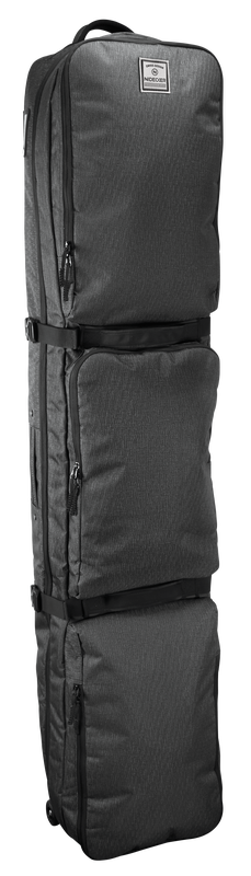 Graue Nidecker Tram Board Bag, aufrecht stehend, mit mehreren Fächern und Gurten.