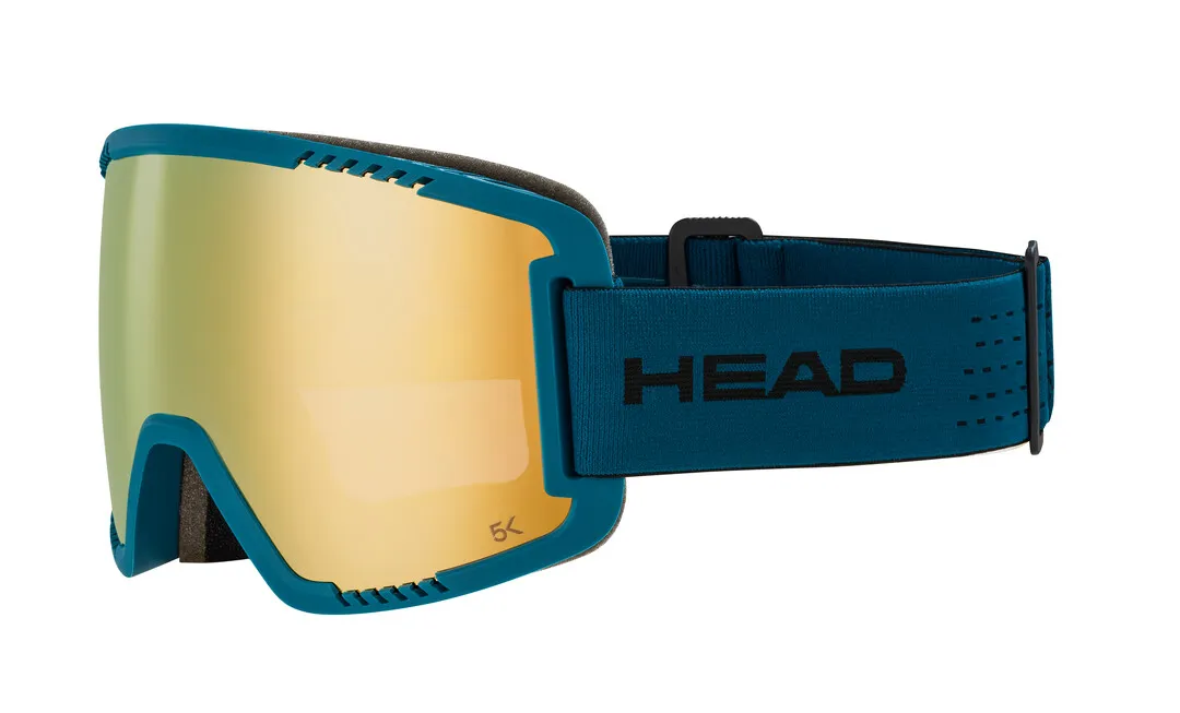 Petrolfarbene Ski-Brille Contex Pro 5K Gold mit goldenem Glas, seitliche Ansicht.