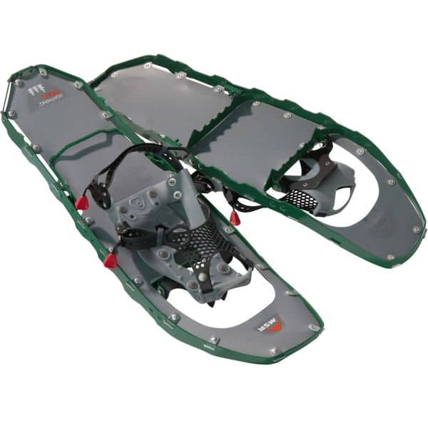 Zwei graue MSR Lightning Trail M22 Ranger Schneeschuhe mit grünen Rahmen und schwarzen Riemen.