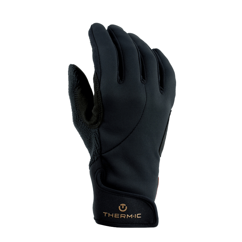 Schwarzer Therm-ic Nordic Exploration Handschuh, Handflächenseite, mit Logo am Handgelenk.