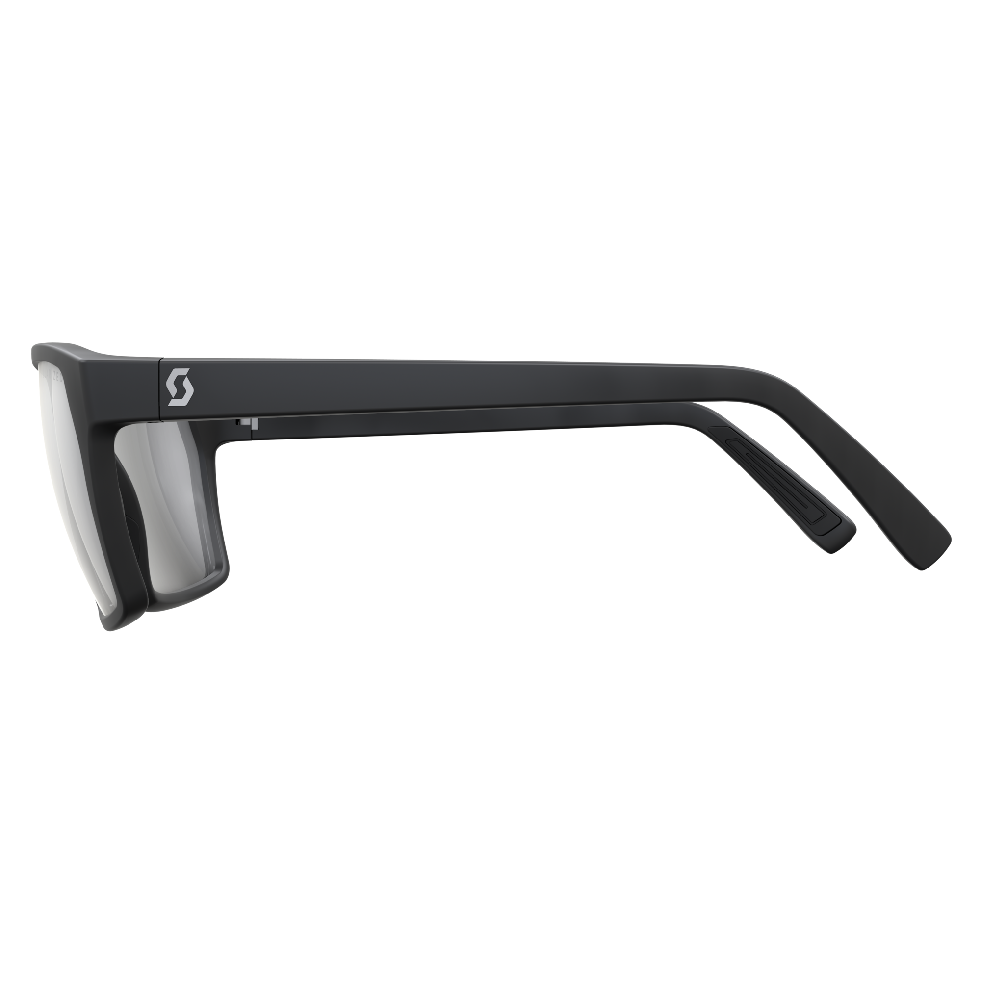 Schwarze SCOTT Tune polarisierte Brille, Seitenansicht mit Logo auf Bügel, polarisierte Gläser.