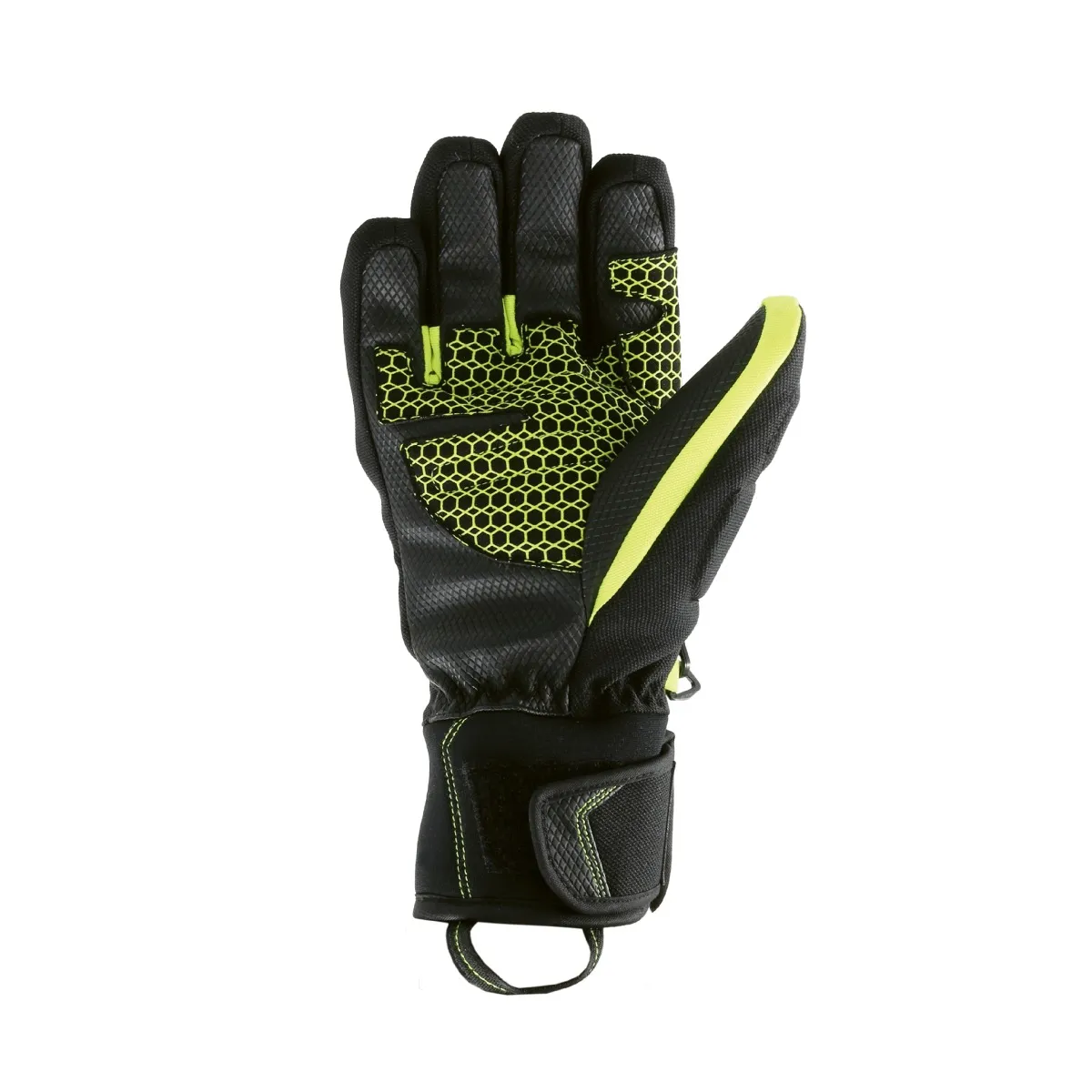 A black glove with neon-yellow accents that points upwards and showcases the palm.
