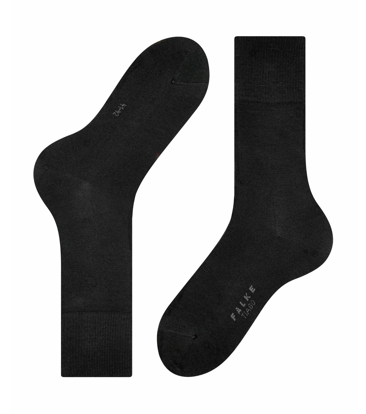 Zwei schwarze Tiago Herren Socken von Falke, eines liegend und eines stehend.