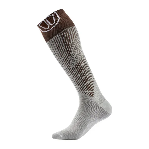 A ski sock, knee-length, in gray and brown, with pattern, for merino skis, for optimum comfort.
