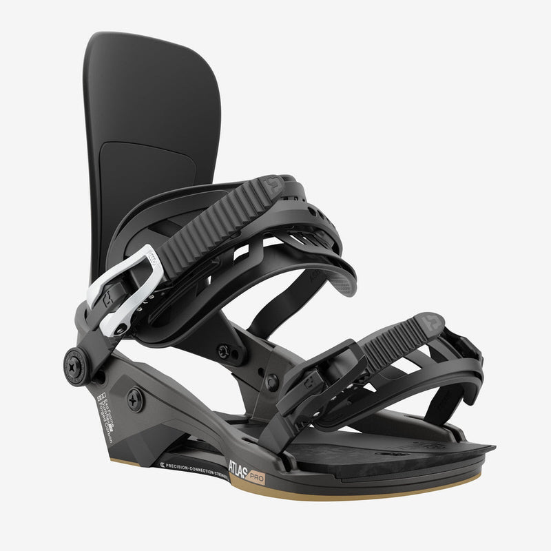 Schwarze Snowboardbindung Atlas Pro Schwarze Snowboardbindung Union Atlas Pro, seitliche Ansicht. Riemen und Schnallen sind deutlich erkennbar.