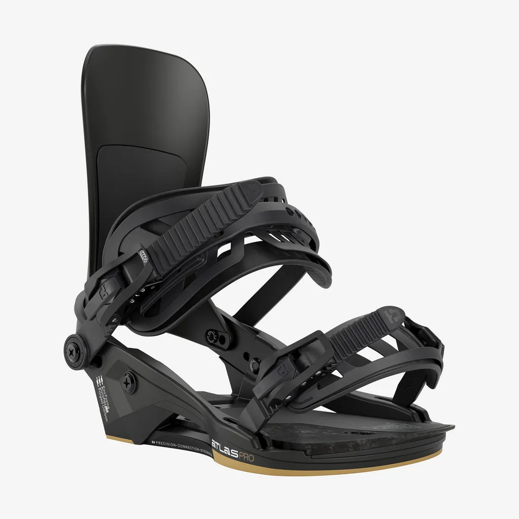 Schwarze Union Atlas PRO Snowboardbindung, seitliche Ansicht mit Riemen und hohem Rücken.