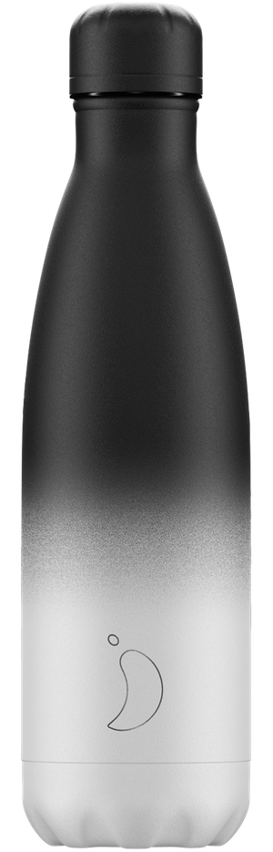 Gourde cylindrique et élancée Chillys avec dégradé de couleurs noir et blanc et logo.
