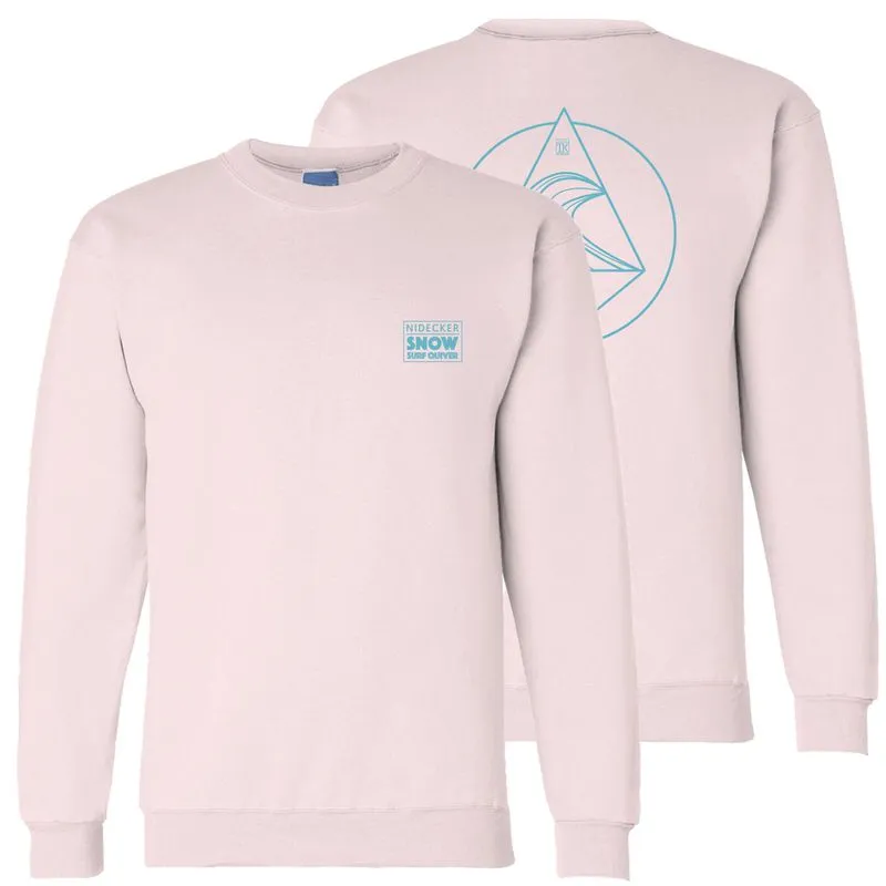 Two pink Nidecker Snowsurf sweatshirts, one with logo on the front, one with graphic on the back.