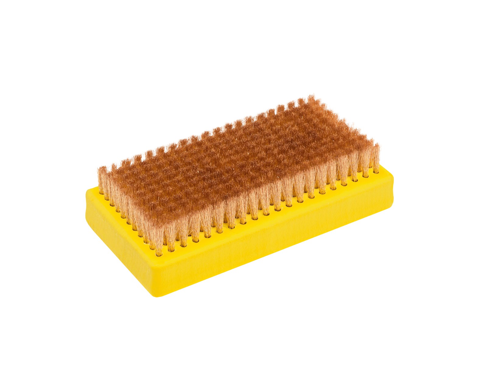 Brosse rectangulaire avec manche jaune et poils de cuivre bruns et denses pour l'entretien des skis.