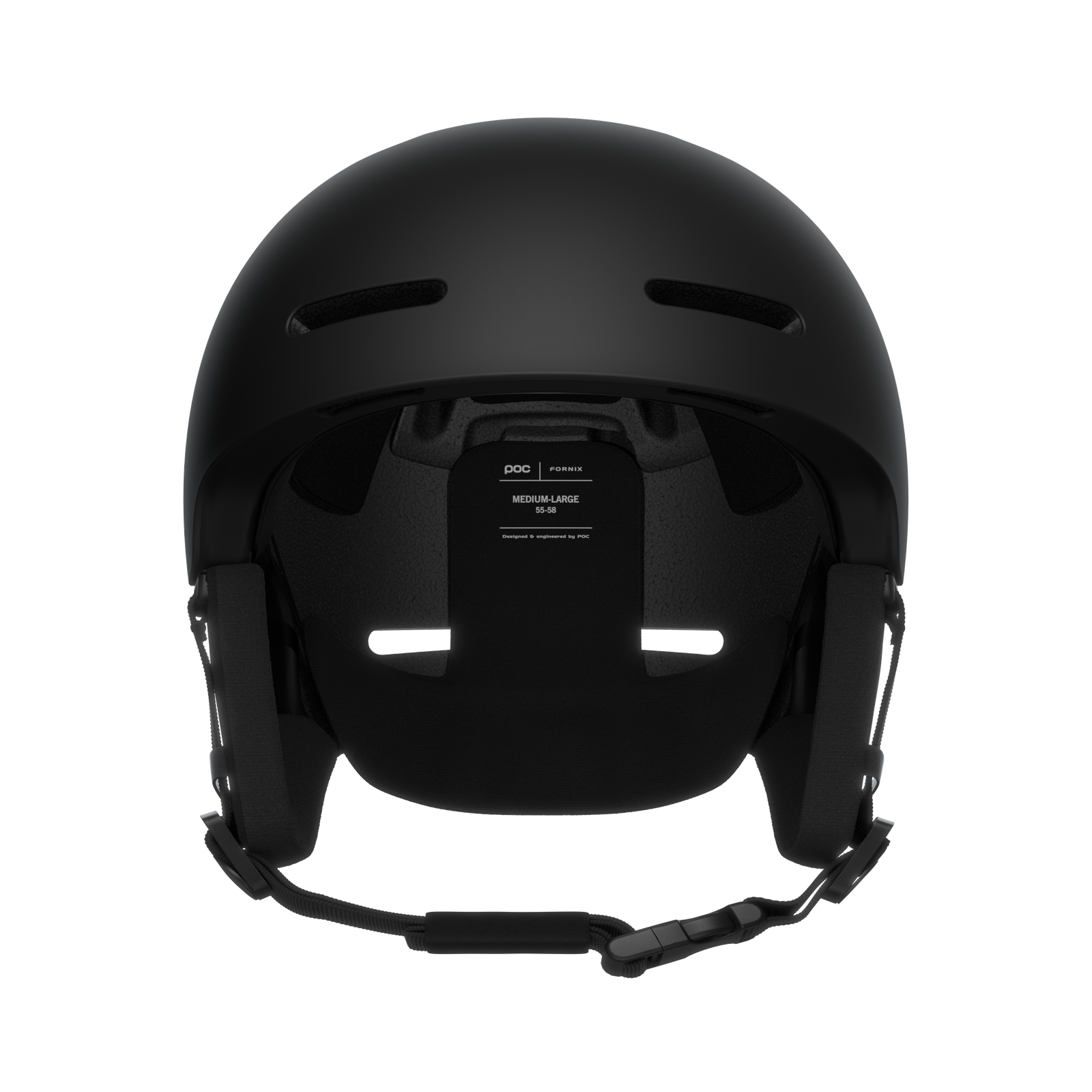 Matt schwarzer POC Fornix Helm Matt schwarzer POC Fornix Skihelm von hinten, mit Grössenangabe und Kinnriemen.