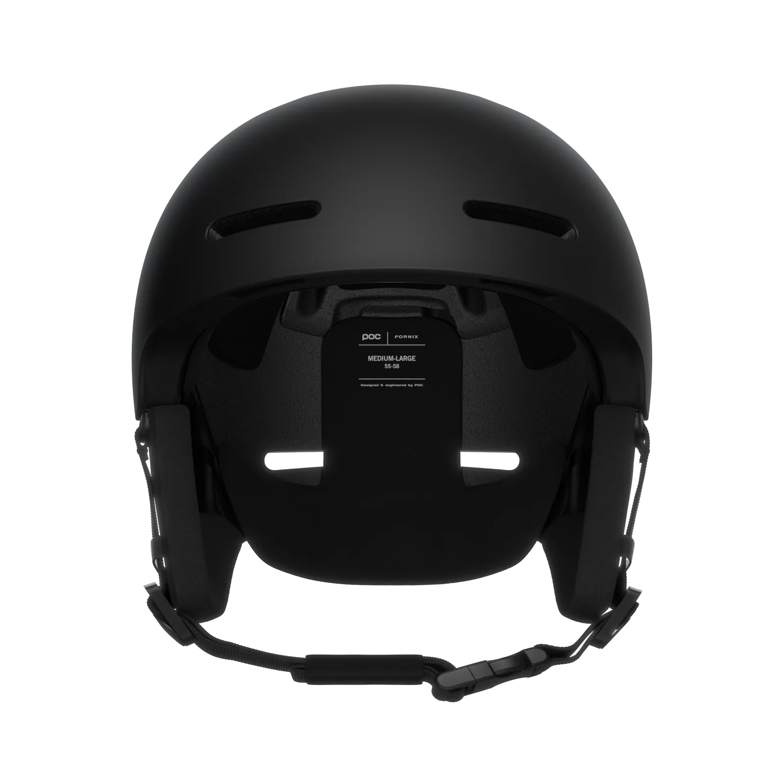 Matt schwarzer POC Fornix Skihelm von hinten, mit Grössenangabe und Kinnriemen.
