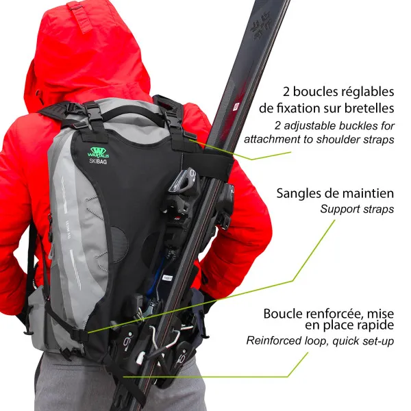 Person wearing Skiback for rucksack with skis attached. Text descriptions for the fastening elements.