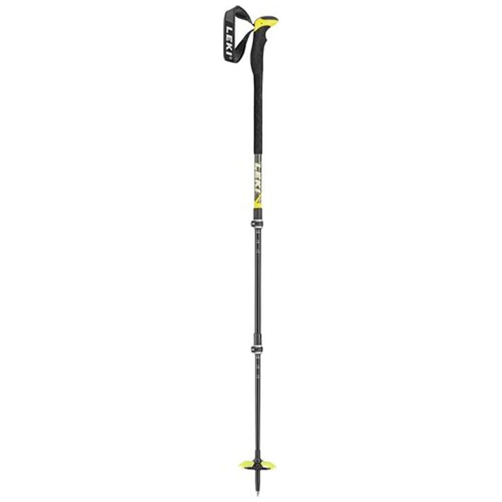 Schwarzer, dreiteiliger Leki Aergon 3 Tourenskistock mit gelben Akzenten und verstellbarer Handschlaufe.